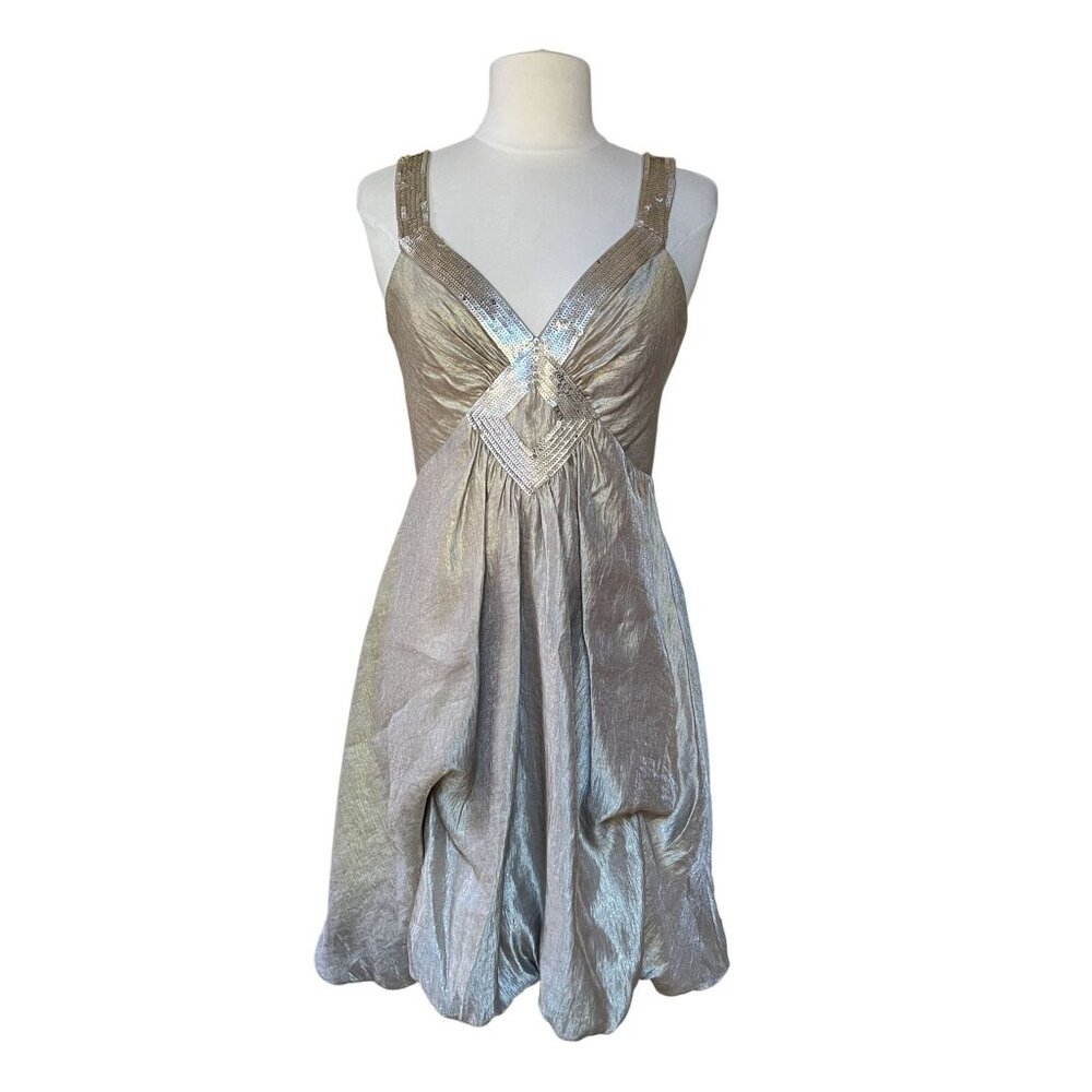 Y2K Vintage BCBGMaxAzria Cocktail Dress Size 2 Gold-Silver Babydoll Bubble Hem
